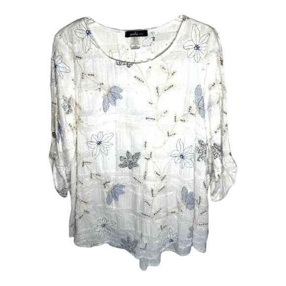 Yushi white tunic embroidered flowered top with sequence Top w/frayed edges - Picture 1 of 11